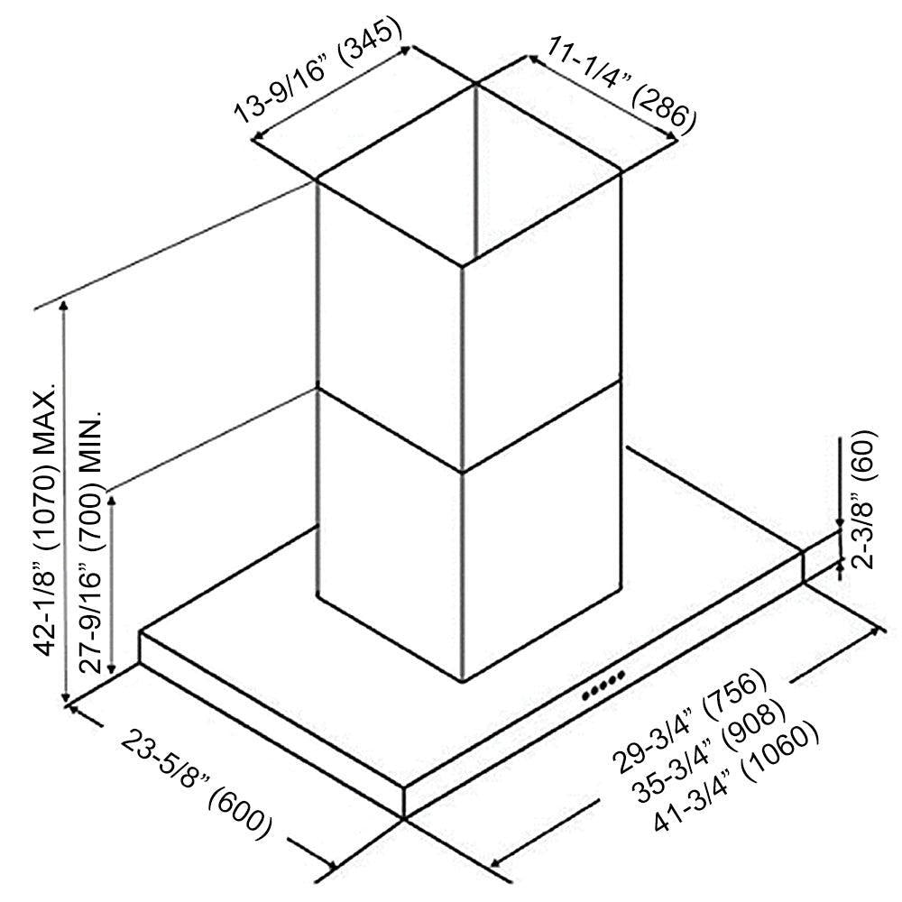 KOBE Brillia ISX21 SQB-2 Series 42" Island Range Hood With 680 CFM Internal Blower, Outer Duct Extension, 3-Speed Mechanical Push Button, Dishwasher-Safe Baffle Filters, and LED Lights