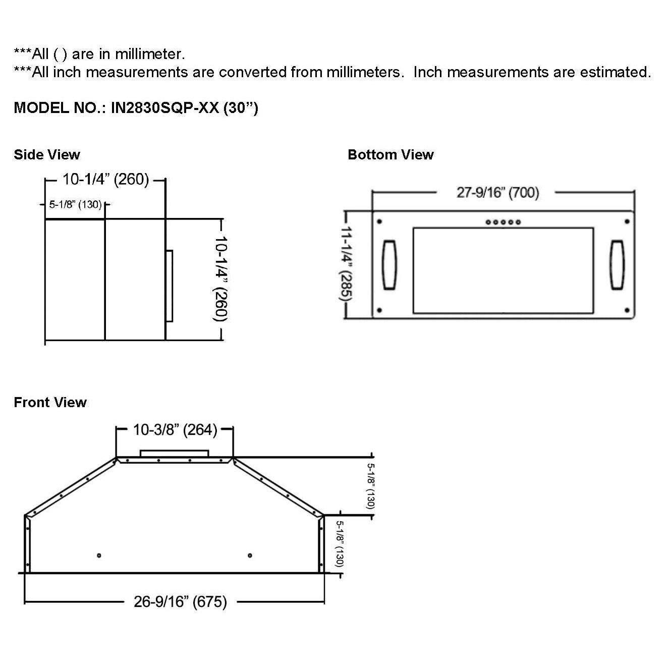 KOBE Premium IN28 SQP-XX Series 30" Insert or Built-in Range Hood With 750 CFM Internal Blower, Airflow Efficiency Panel, 3-Speed Mechanical Push Button, and LED Lights
