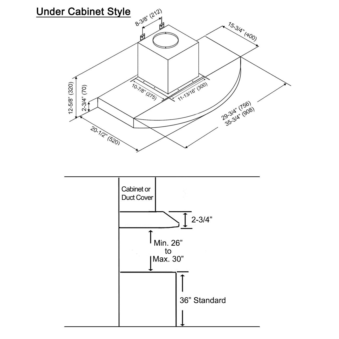 KOBE Premium RA38 SQB-1 Series 36" Under Cabinet Range Hood With 750 CFM Internal Blower, 3-Speed Mechanical Push Button, Dishwasher-Safe Baffle Filters, and LED Lights