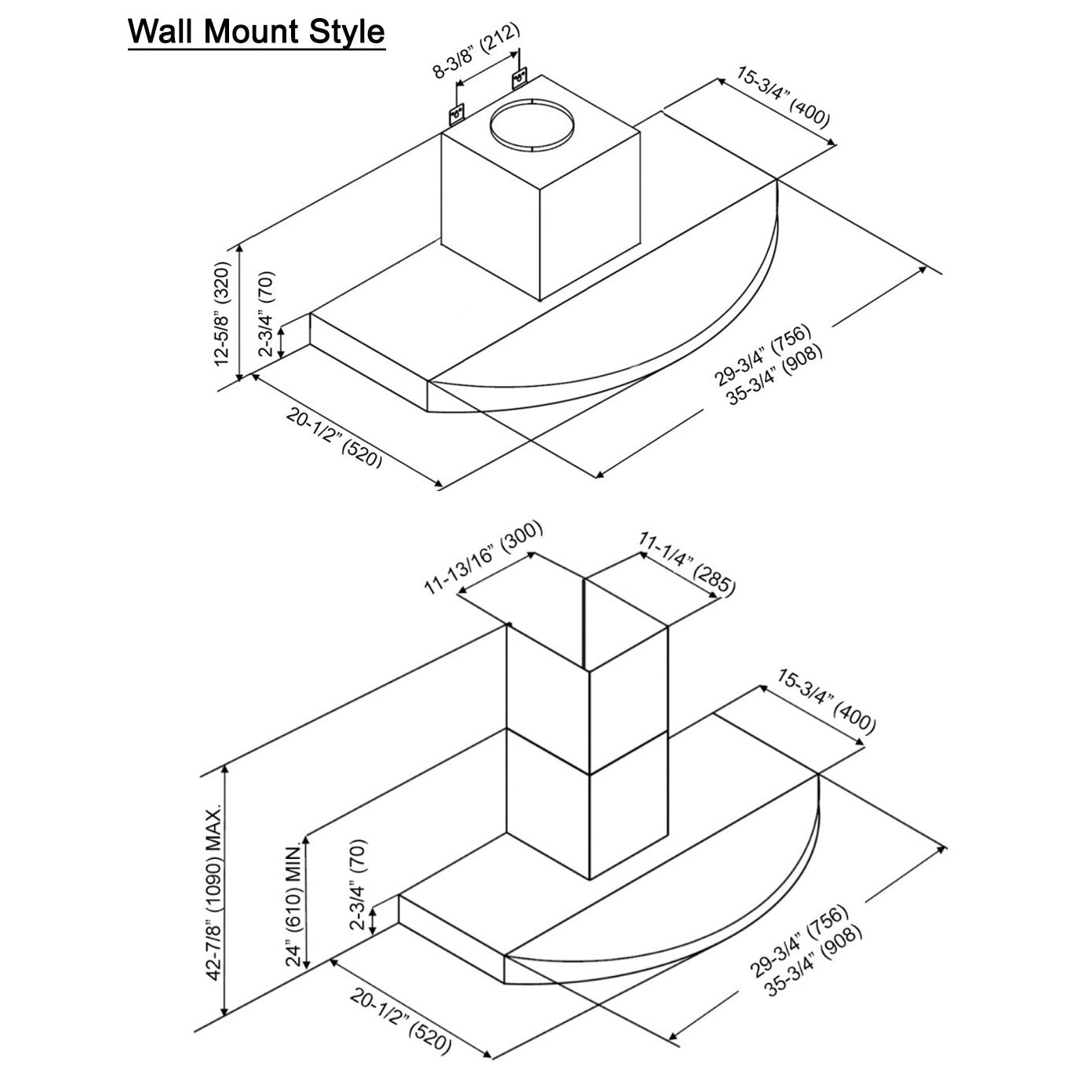 KOBE Premium RA38 SQB-1 Series 36" Wall Mount Range Hood With 750 CFM Internal Blower, 3-Speed Mechanical Push Button, Dishwasher-Safe Baffle Filters, and LED Lights