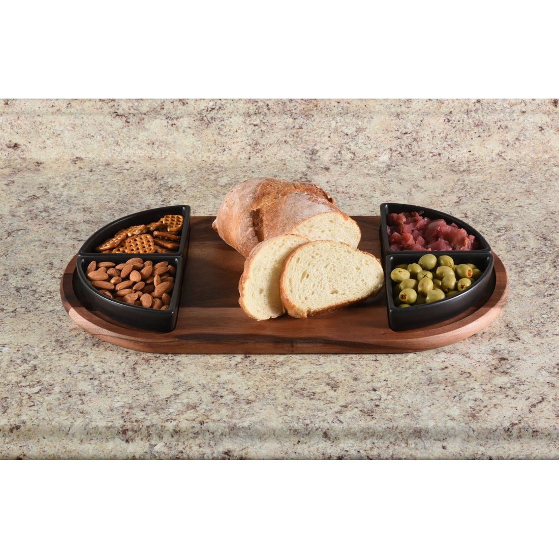 Kalmar Home Charcuterie/Serving Tray with 4 Black Triangular Ceramic Bowls