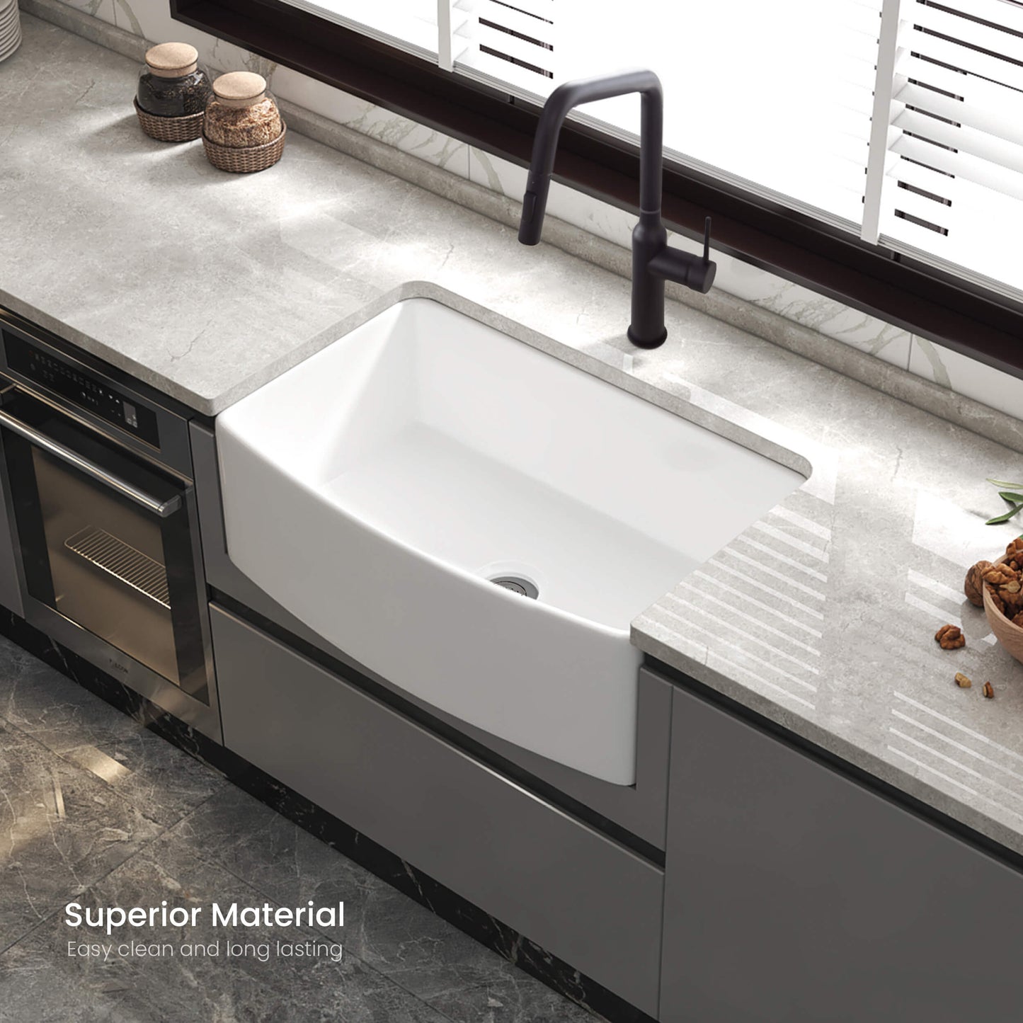 Kibi 36" x 20" x 10" Pure Series Glossy White Single Bowl Fireclay Farmhouse Sink With Curved Apron Front
