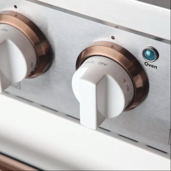 Kucht KDF Series 48" White Custom Freestanding Natural Gas Dual Fuel Range With 8 Burners, White Knobs and Rose Gold Handle