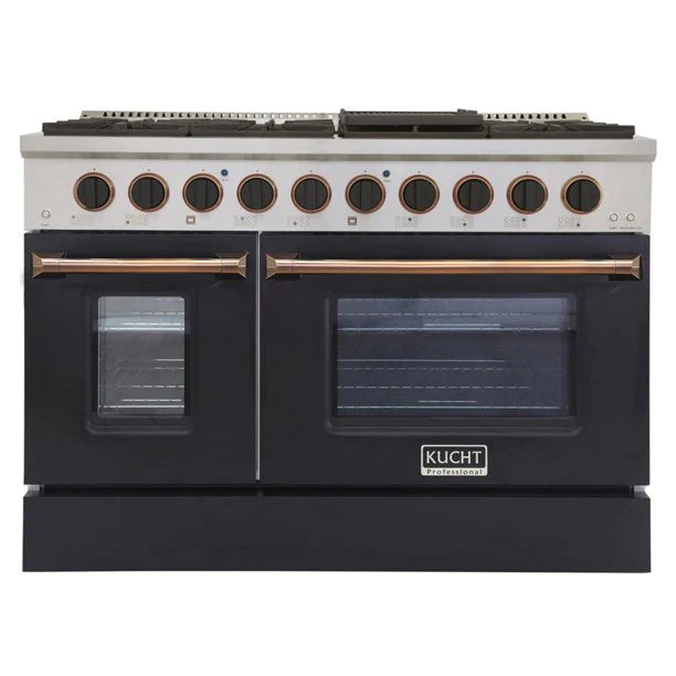Kucht KNG Series 48" Black Custom Freestanding Natural Gas Range With 8 Burners, Black Knobs and Gold Handle