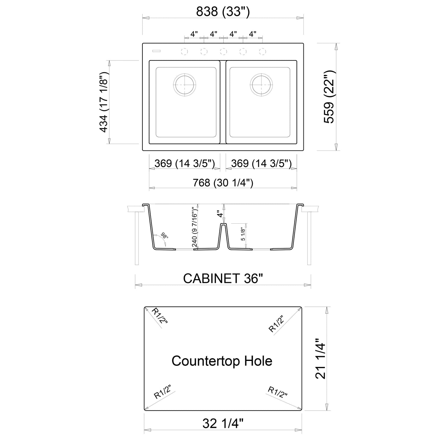 LaToscana Plados 33" x 22" x 10'' Titanium Double Bowl Granite Drop-in Kitchen Sink for 36'' Cabinet