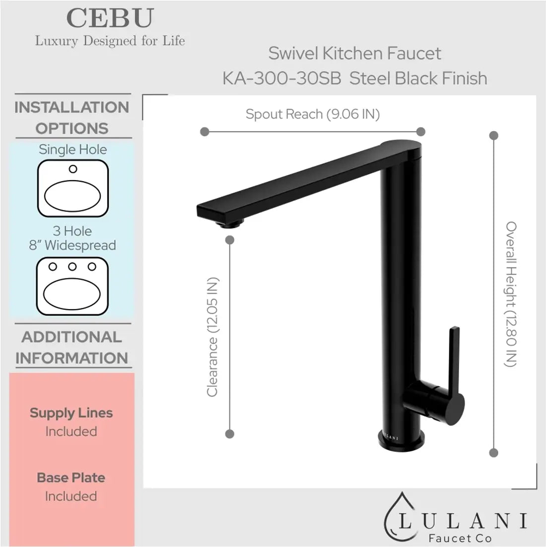 Lulani Cebu Steel Black 1.8 GPM Single Handle 360-Swivel Faucet With Baseplate