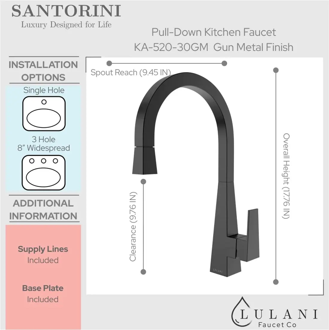 Lulani Santorini Gun Metal Stainless Steel 1.8 GPM 360 Degree Swivel Spout Pull-Down Faucet