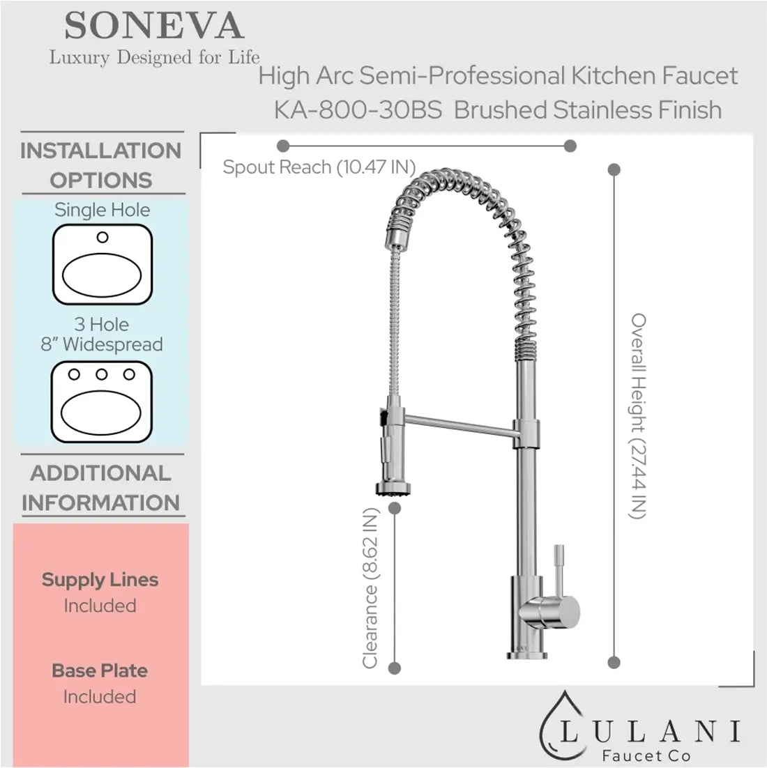 Lulani Soneva Brushed Stainless Steel 1.8 GPM High Arc Semi-Professional Faucet