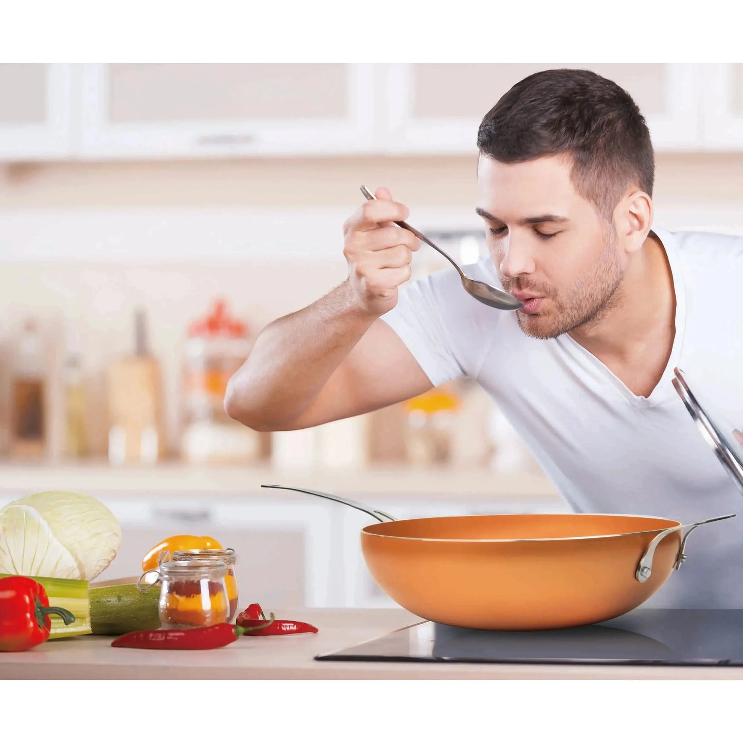 MASTERPAN Healthy Series 12” Chef’s Wok and Glass Lid, Copper Color Ceramic Non-stick Coating