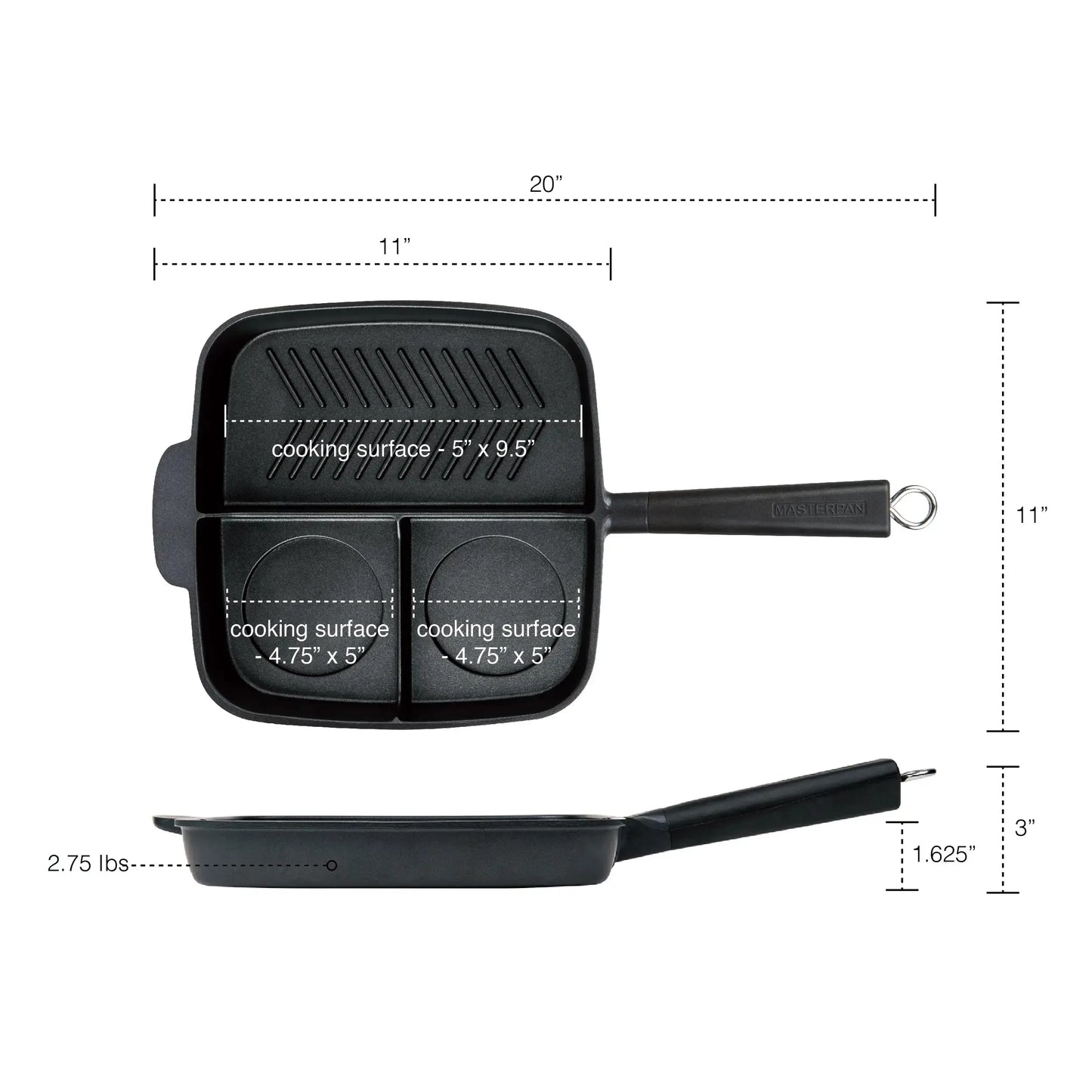 MASTERPAN Innovative Series 11" 3-Section Non-stick Cast Aluminum Grill and Griddle Skillet With Bakelite Handle
