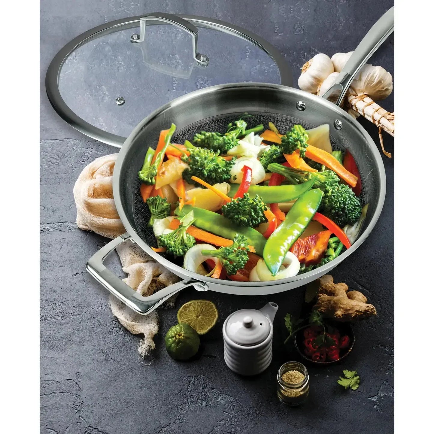 MASTERPAN Premium Series 12” Chef’s Wok and Glass Lid, 3-Ply Stainless Steel and Aluminum Scratch-Resistant