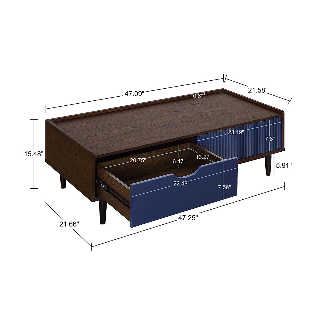 Manhattan Comfort 47" Duane Modern Ribbed Coffee Table In Dark Brown & Navy Blue