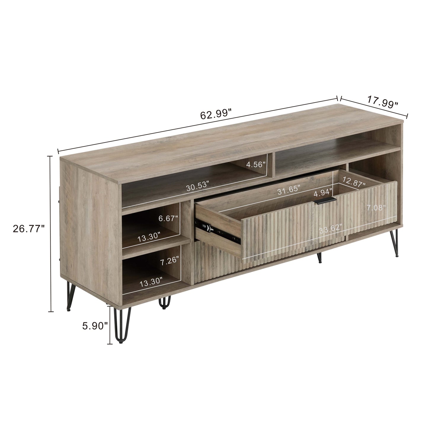 Manhattan Comfort DUMBO 63" Rustic Gray Mid-Century Modern TV Stand With 6 Shelves & 2 Drawers