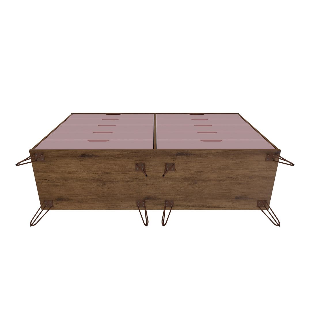 Manhattan Comfort Rockefeller 10-Drawer Double Tall Cabinet With Metal Legs In Nature & Rose Pink