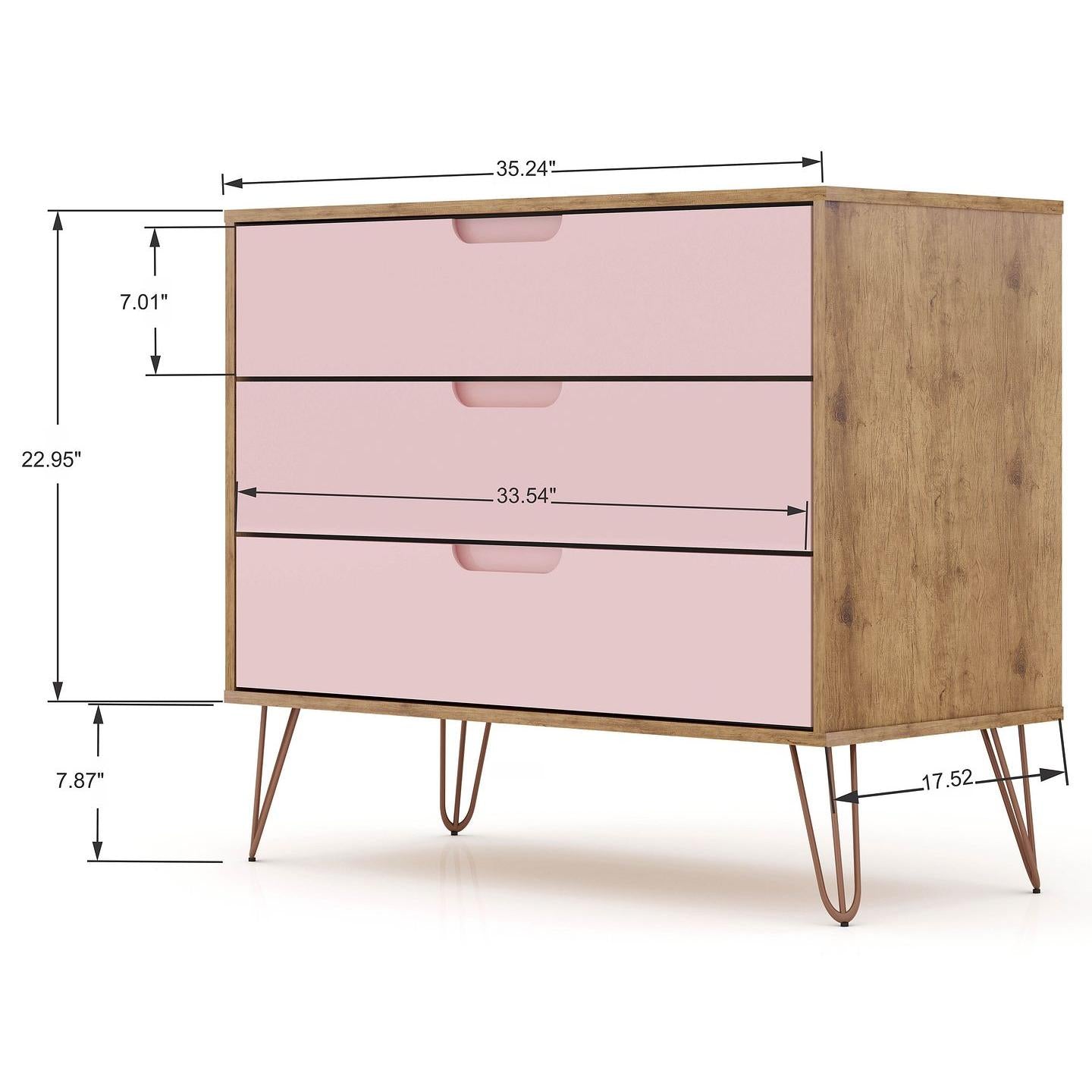 Manhattan Comfort Rockefeller 3-Drawer Nature & Rose Pink Dressers In A Set Of 2