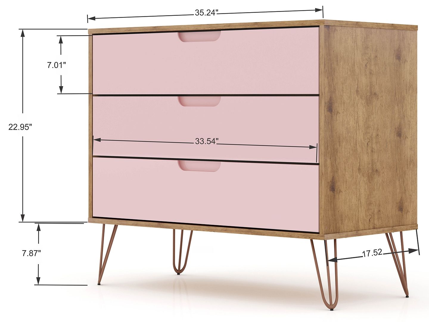 Manhattan Comfort Rockefeller Dresser Cabinet With 3-Drawers In Nature & Rose Pink
