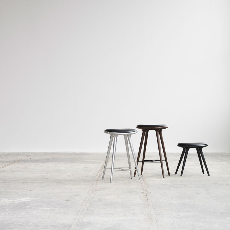 Mater 27" High Stool, Partly Recycled Aluminum With Black Leather Seat by Space Copenhagen