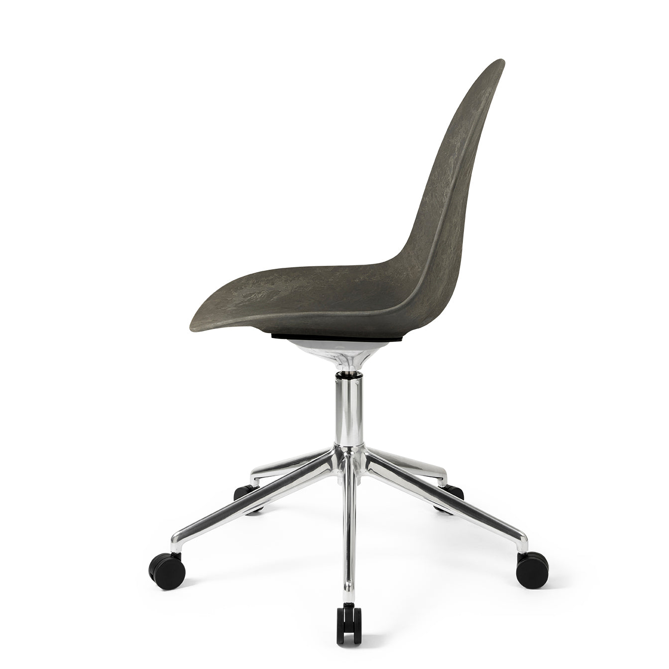 Mater Eternity Swivel Chair With Polished Base and Castors, Coffee Waste Dark Seat by Space Copenhagen, Made From Post-Consumer E-Waste & Coffee Shell Waste