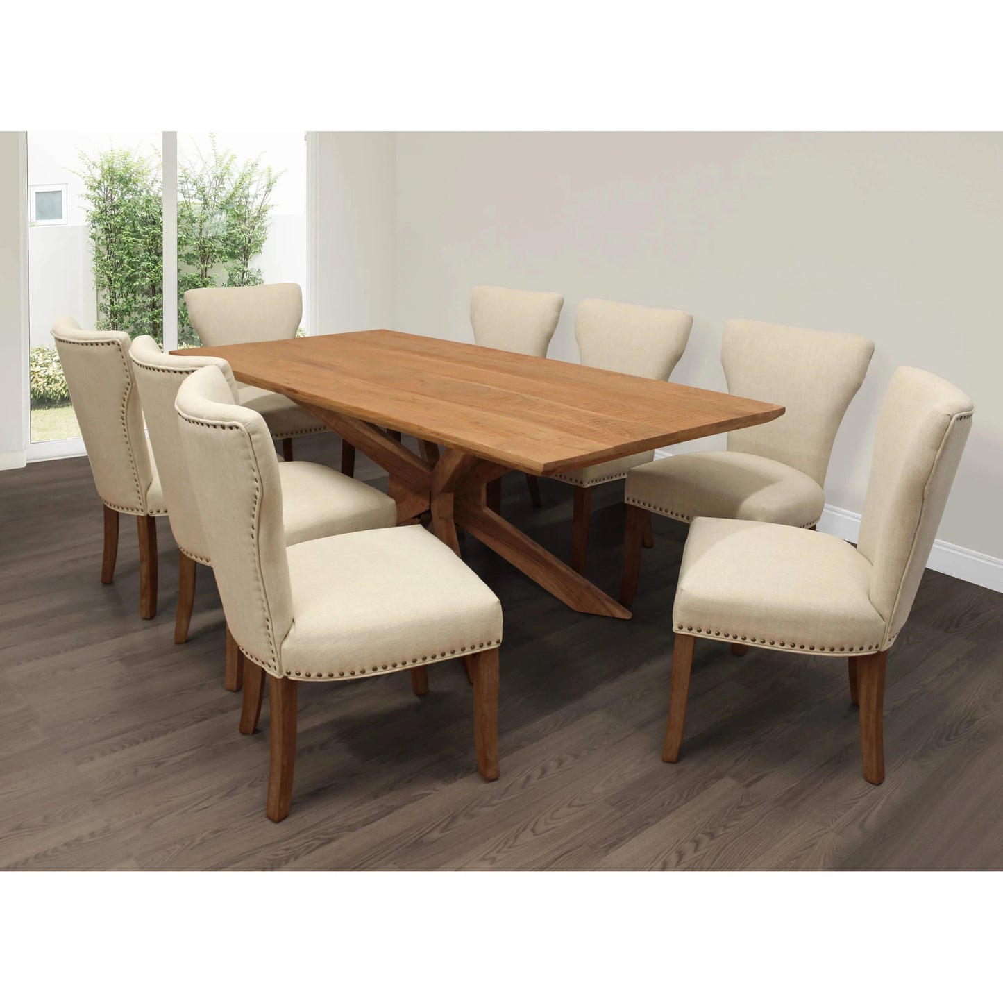 Meva Bradley 9-Piece Dining Set With 79" Rectangle Solid Acacia Wood Dining Table and 4 Sets of Howell Ivory Chairs