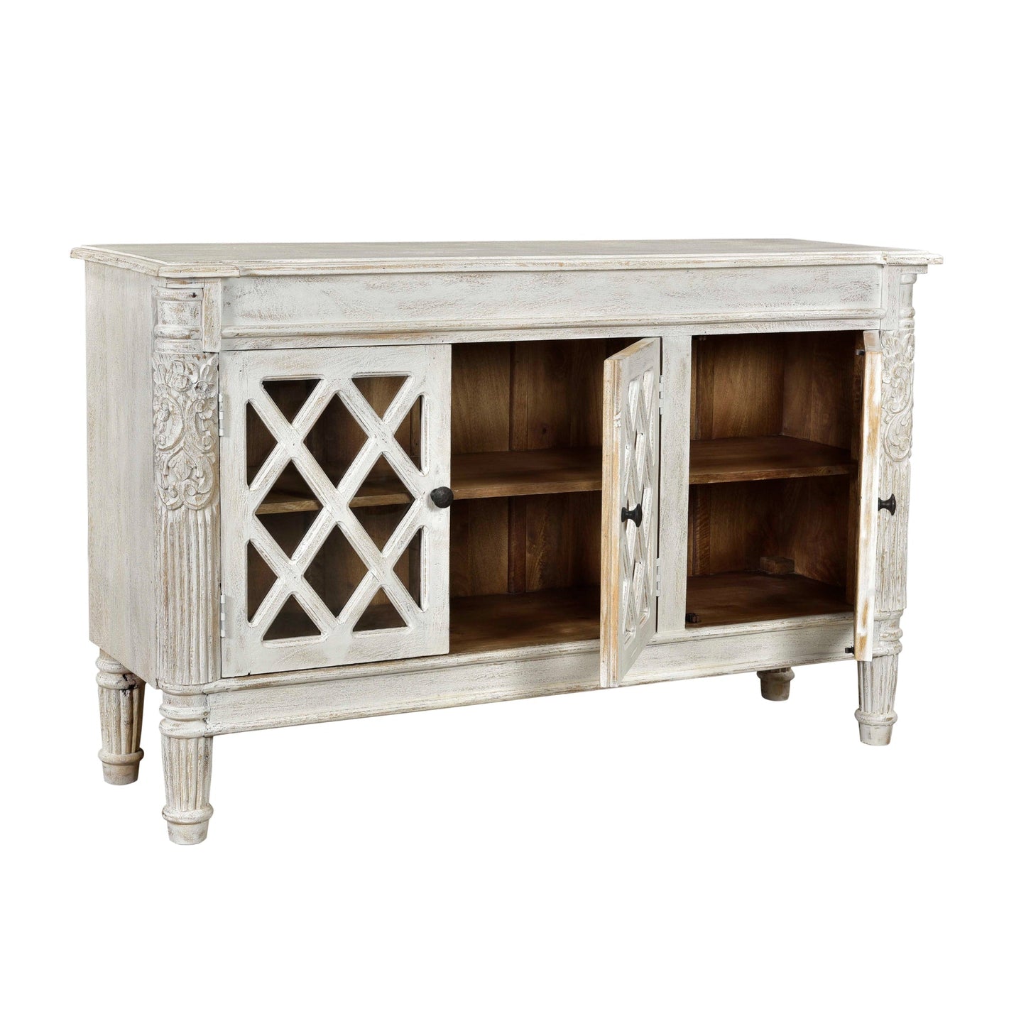 Meva Carmenita 58" 3-Door Antique White Sideboard With Glass Inserts