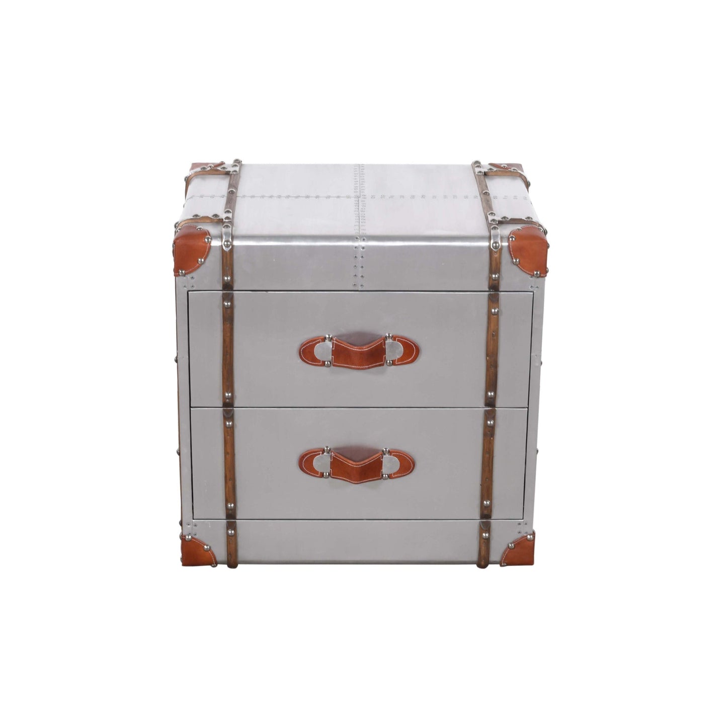 Meva Pilot 24" 2-Drawer Silver Nightstand With Decorative Leather and Pulls