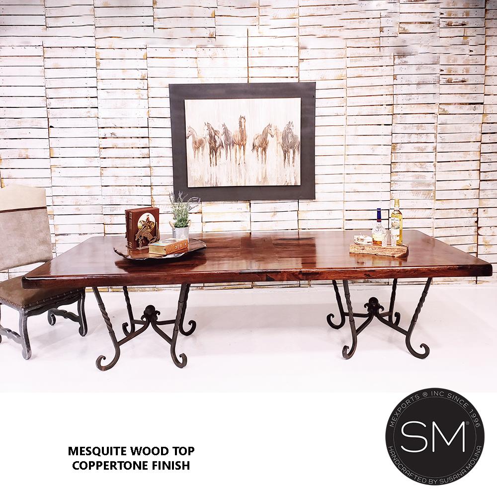 Mexports by Susana Molina 108" Mesquite Wood Top Free Form Edge Hammer Copper Inlay Rectangular Dining Table With Double Pedestal