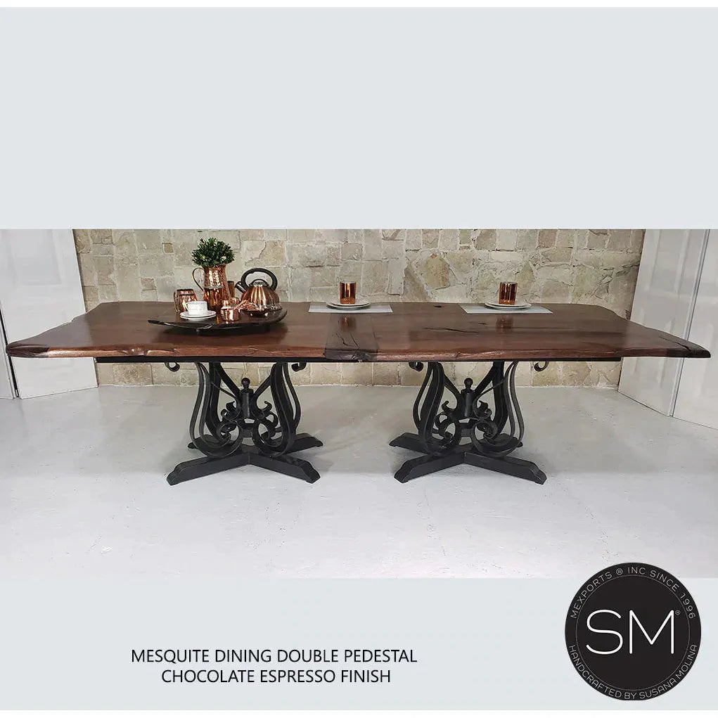 Mexports by Susana Molina 120" Luxury Mesquite Wood Top Free Form Edge Hammer Copper Inlay Double Pedestal Rectangular Dining Table