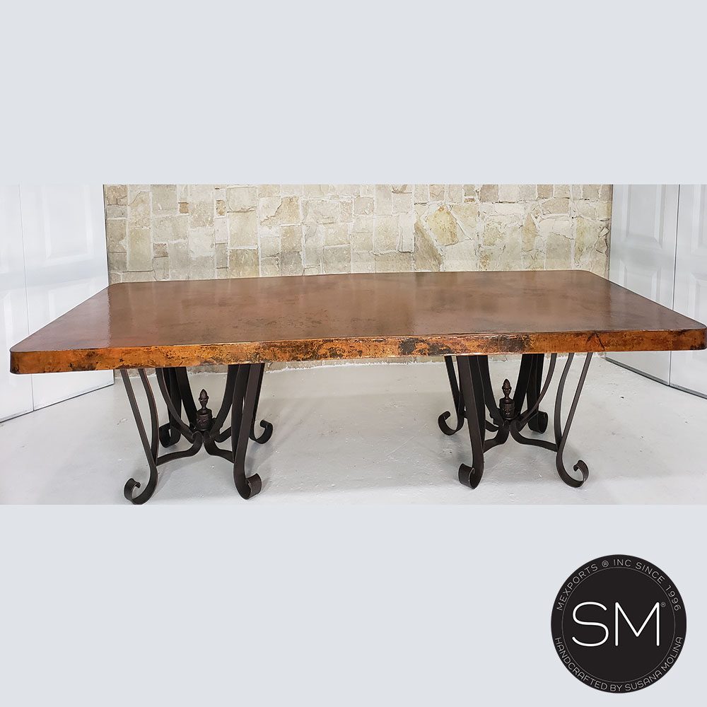Mexports by Susana Molina 120" Oxidized Hammered Copper Top and Double Iron Pedestal Dining Table