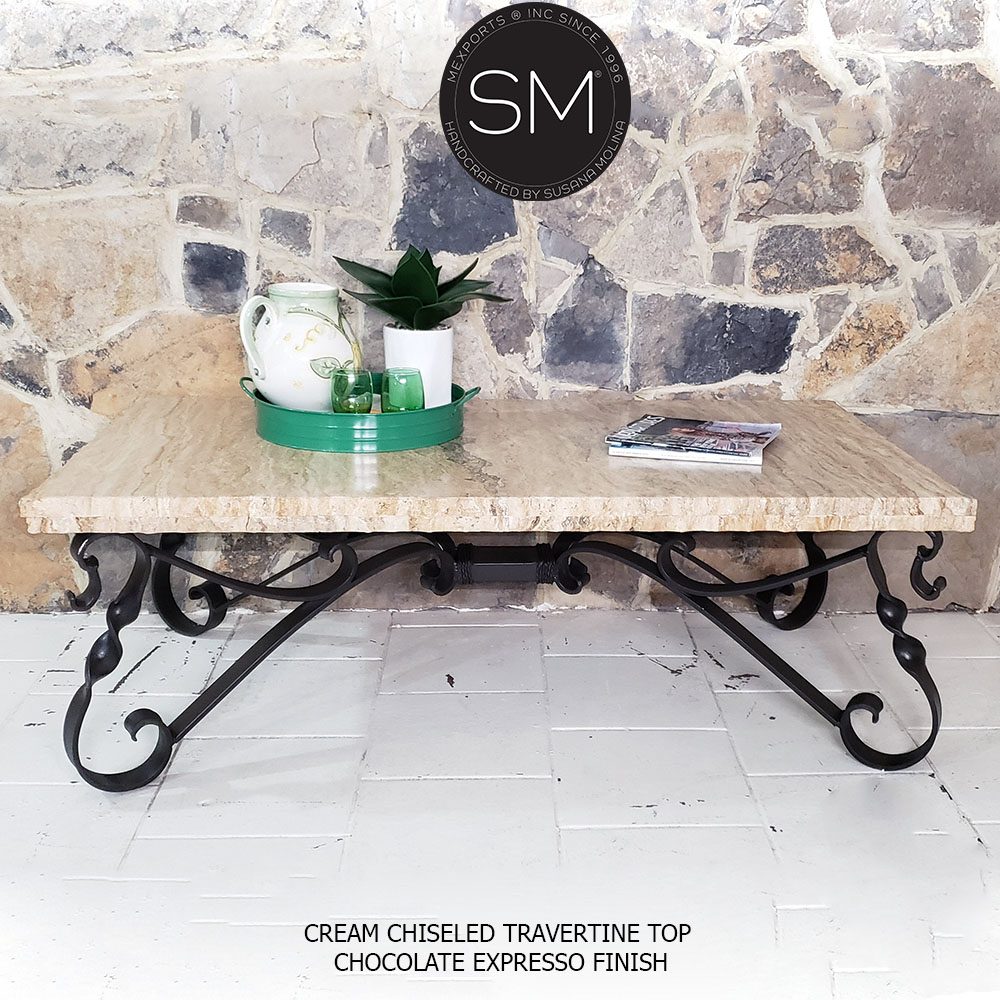 Mexports by Susana Molina 1212AAT 60" Cream Travertine Chisel Edge Rectangular Coffee Table With Scroll Legs