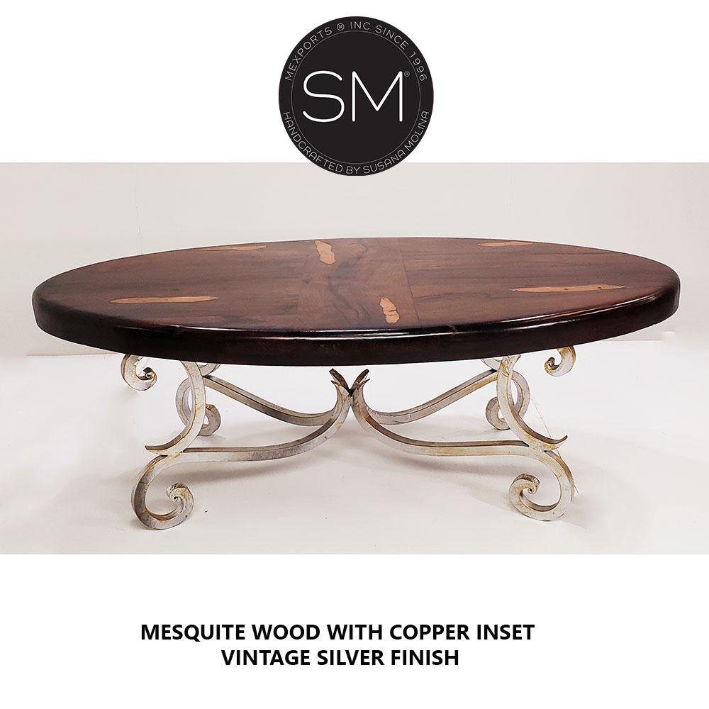 Mexports by Susana Molina 1215AAOM 60" Mesquite Wood Top Turquoise Inlay Oval Coffee Table