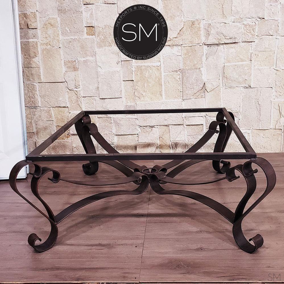 Mexports by Susana Molina 1229AC 48" Oxidized Hammer Copper Top With Nailheads on Edge Square Coffee Table With Iron Pedestal