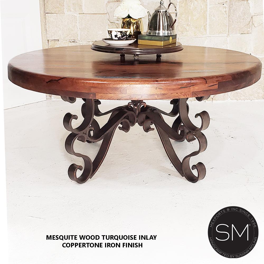 Mexports by Susana Molina 1237AAAM 38" Mesquite Solid Wood Turquoise Inlay Round Coffee Table