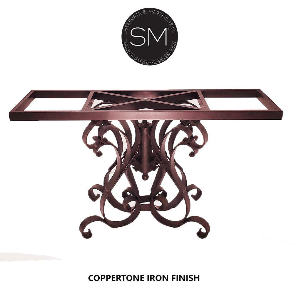 Mexports by Susana Molina 1246CM 72" Mesquite Wood Top Rounded Corners Hammer Copper Inlay Console Table With Single Pedestal