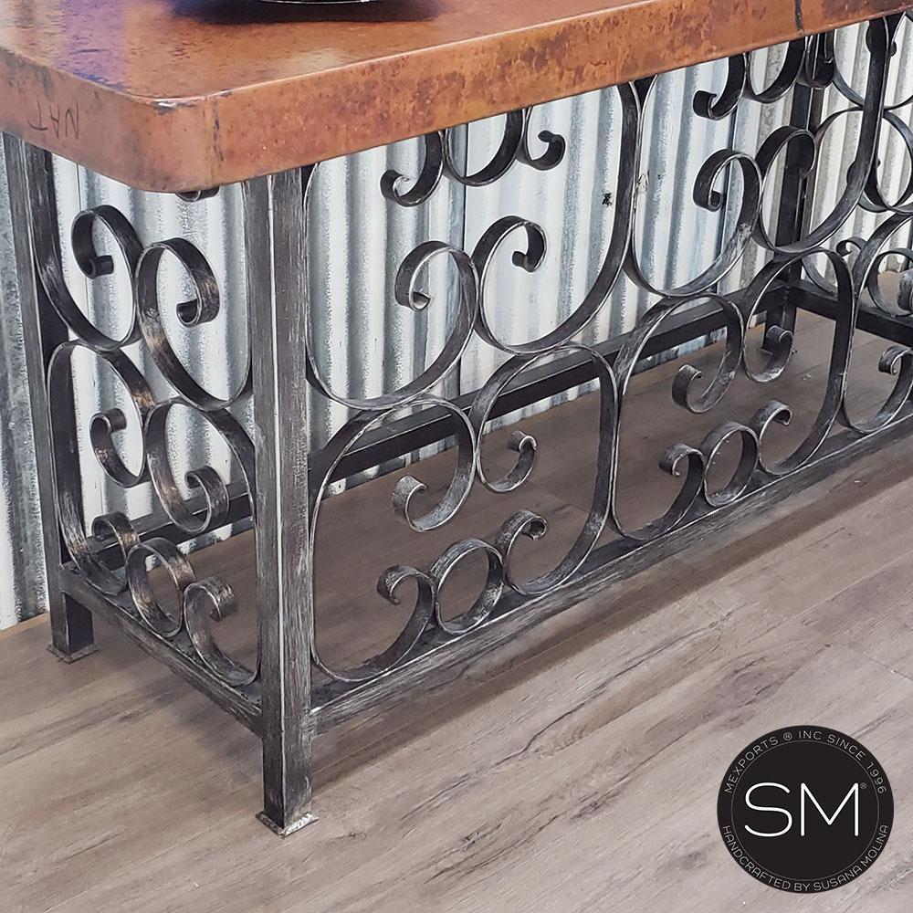 Mexports by Susana Molina 1252CC 72" Natural Hammered Copper Top Console Table With Wrought Iron Base and Nailheads on Edge