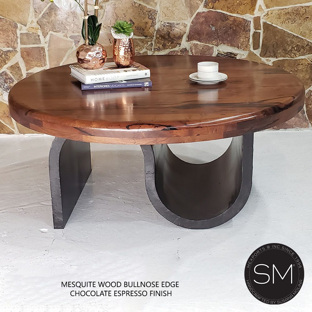 Mexports by Susana Molina 1257AAAM 38" Mesquite Wood Top Hammer Copper Inlay With Nailheads on Edge Round Coffee Table