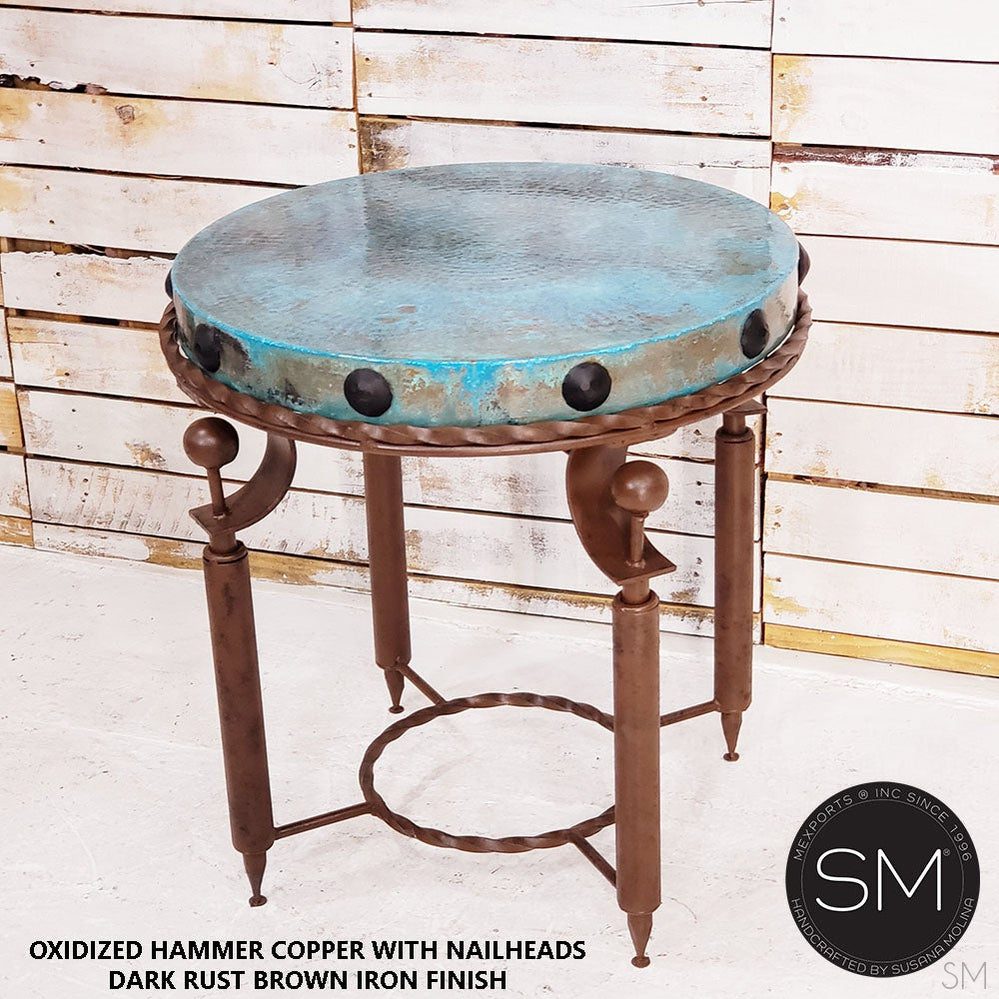 Mexports by Susana Molina 1265BBC 24" Oxidized Hammered Copper With Nailheads on Edge Round Side Table