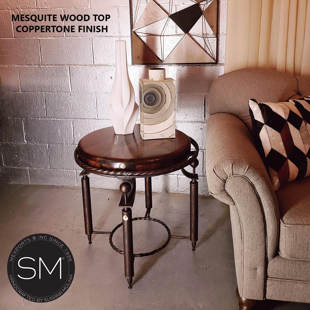Mexports by Susana Molina 1265BBM 24" Mesquite Wood Top Hammer Copper Inlay Round Side Table