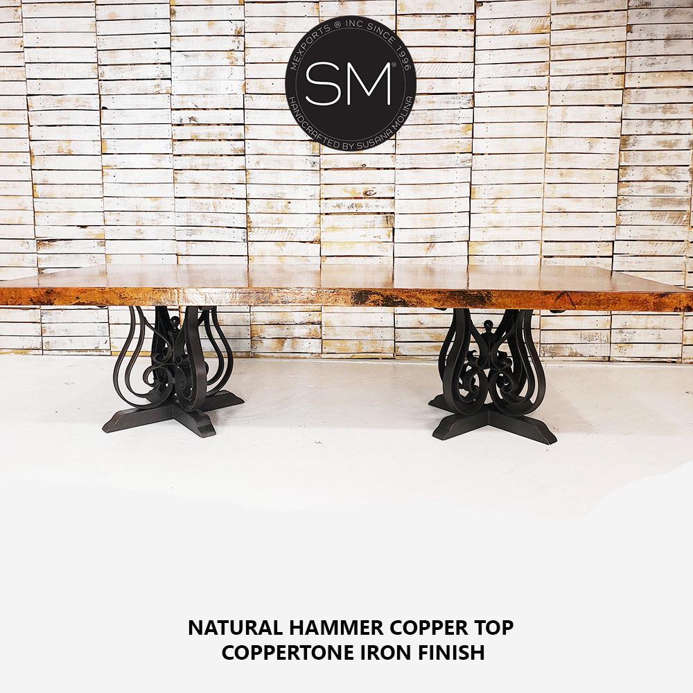 Mexports by Susana Molina 132" Natural Hammered Copper Top With Nailheads on Edge Spanish Style Rectangular Dining Table With Double Iron Pedestal