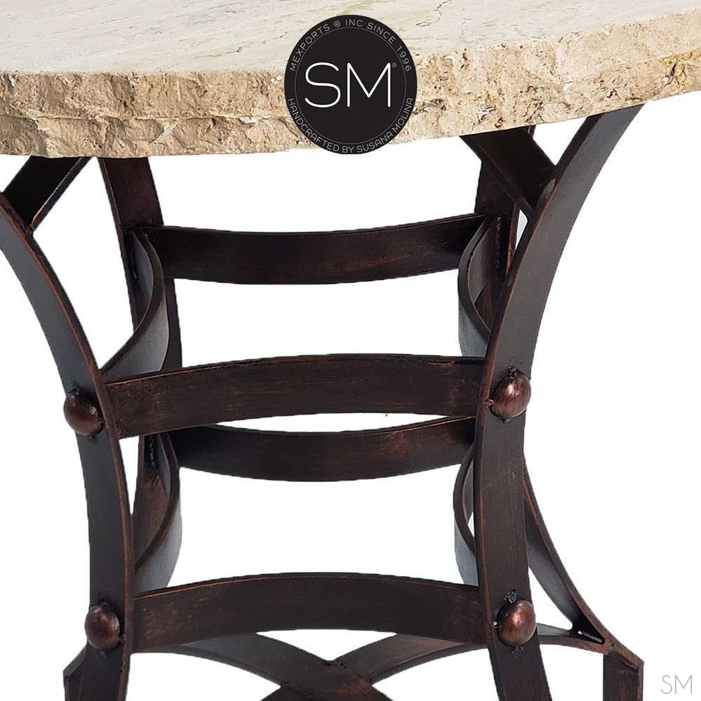 Mexports by Susana Molina 38" Cream Chisel Travertine Round Modern Outdoor Bar Table With Iron Base