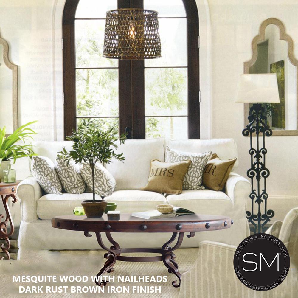 Mexports by Susana Molina 38" Solid Mesquite Wood Top Turquoise Inlay With Nailheads on Edge Round Coffee Table