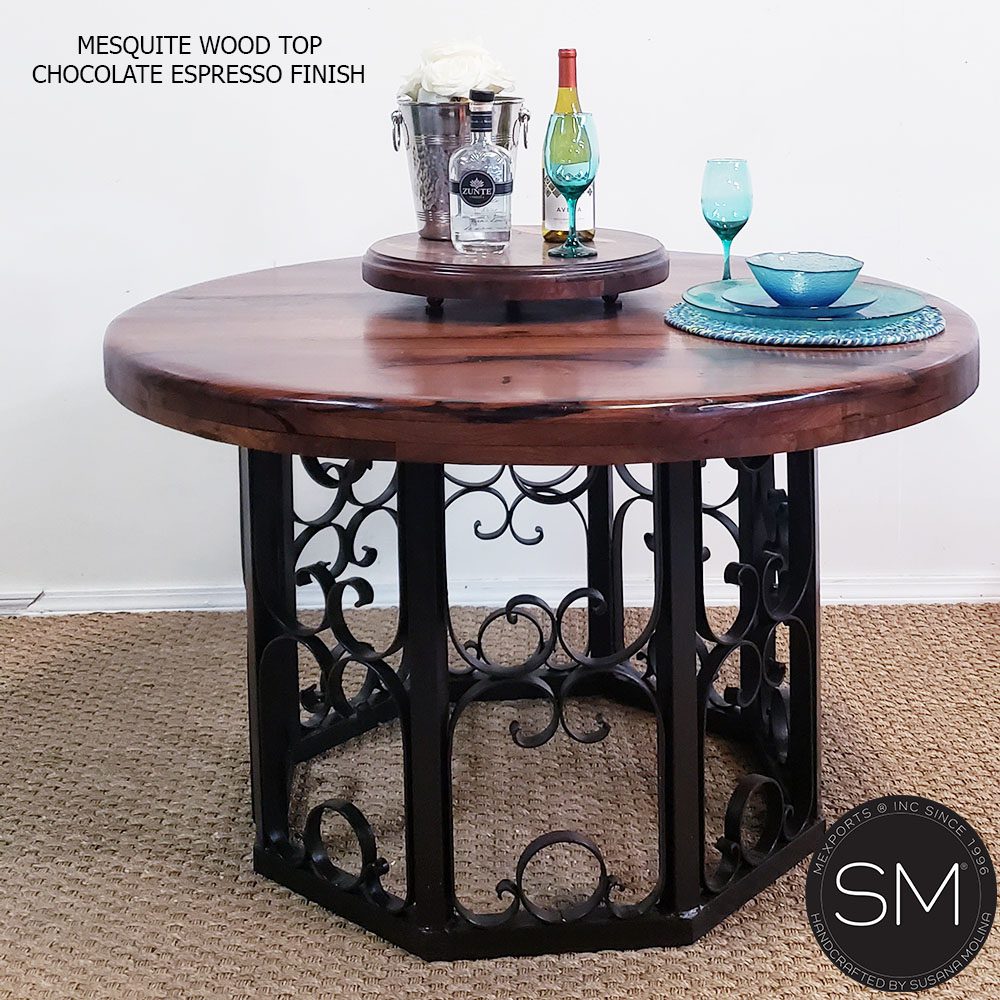 Mexports by Susana Molina 48" RD Mesquite Wood Top Turquoise Inlay With Nailheads on Edge Round Dining Table With Wrought Iron Base