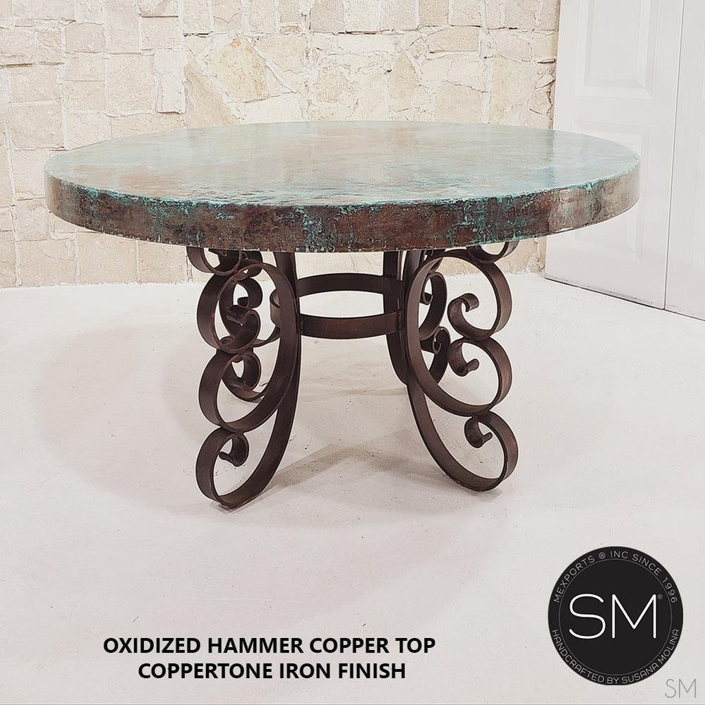Mexports by Susana Molina 60" Oxidized Hammered Copper With Nailheads on Edge Round Dining Table With Hand-Forged Base