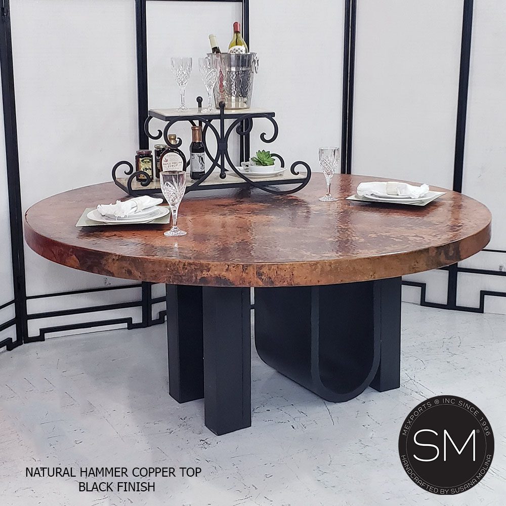Mexports by Susana Molina 60" Oxidized Hand Hammered Copper Round Dining Table With Nailheads on Edge