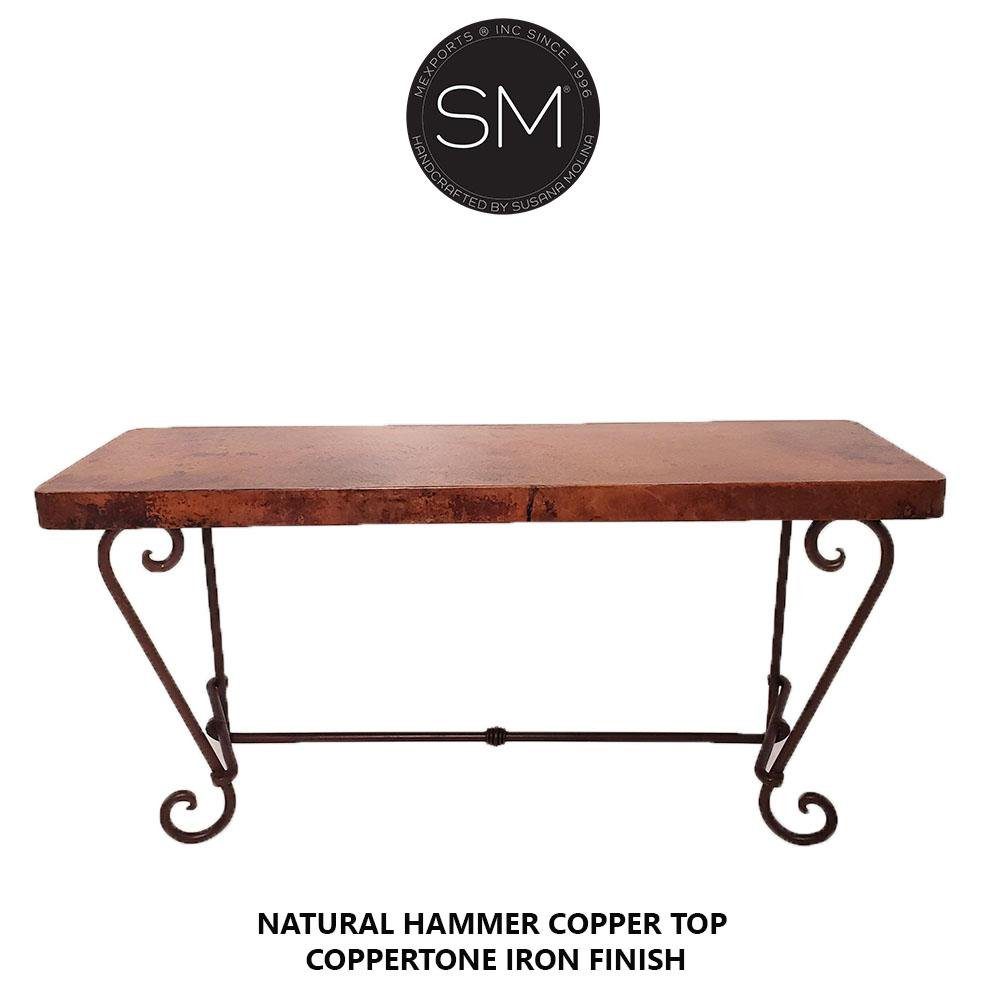 Mexports by Susana Molina 72" Natural Hammered Copper With Nailheads on Edge Rectangular Console Table With Vintage Iron Base