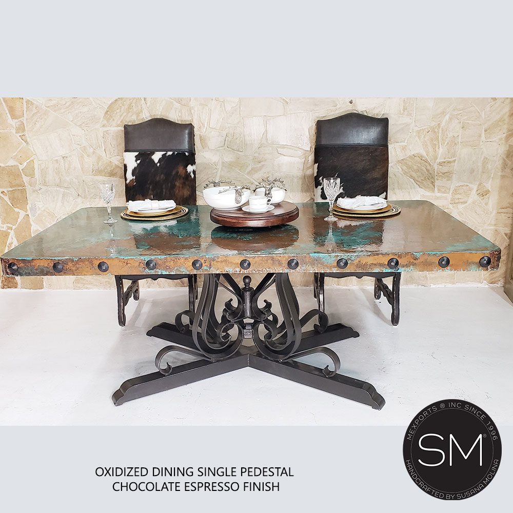 Mexports by Susana Molina 72" Oxidized Hammer Copper Top Rectangular Dining Table With Wrought Iron Base
