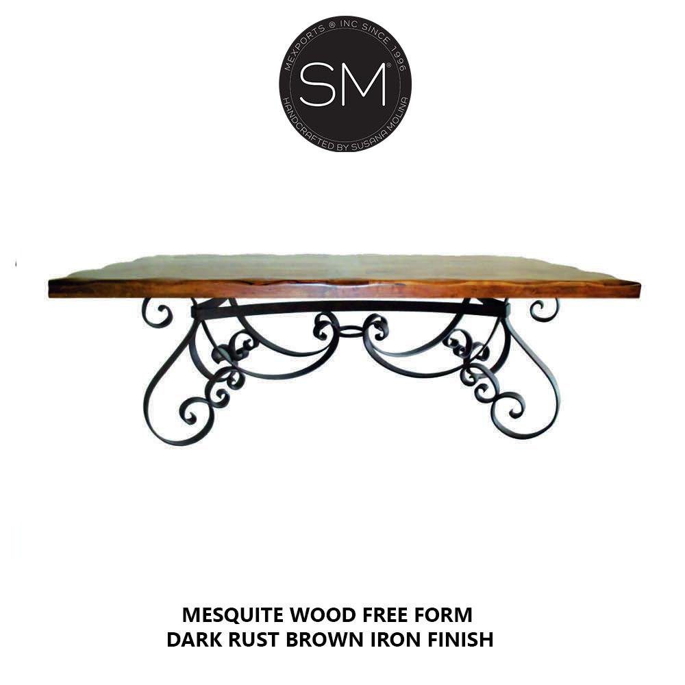 Mexports by Susana Molina 84" Mesquite Wood Top Live Edge Hammer Copper Inlay Rectangular Dining Table With Iron Base