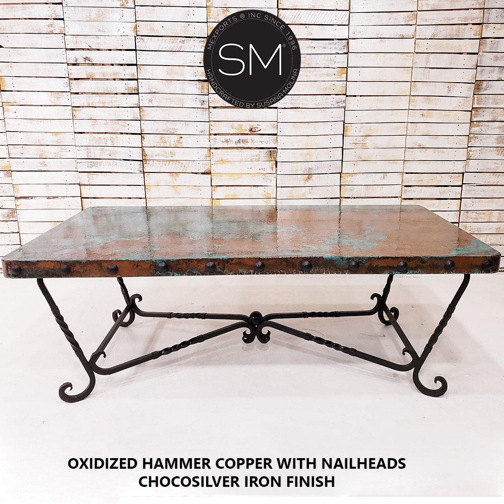 Mexports by Susana Molina 84" Oxidized Hammered Copper Top Single Pedestal Rectangular Dining Table