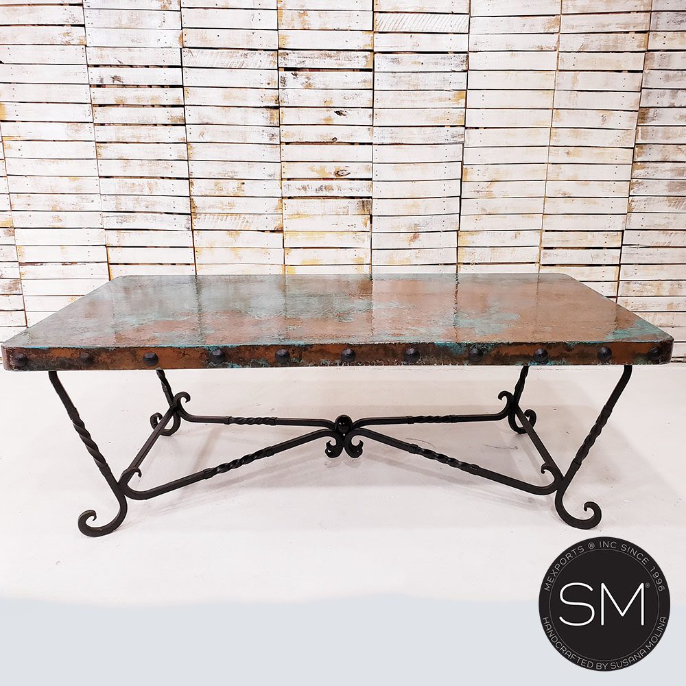 Mexports by Susana Molina 96" Oxidized Hammered Copper Top With Nailheads on Edge Single Pedestal Rectangular Dining Table