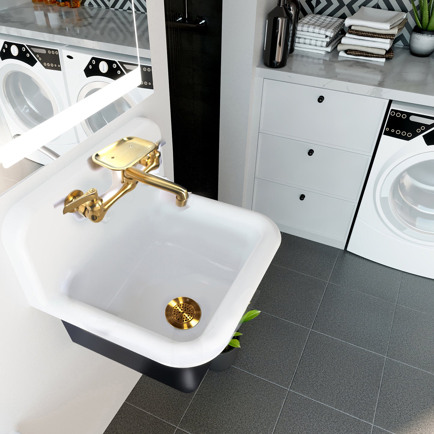 Nantucket Sinks Anchor 22" Single Bowl Wall Mount Cast Iron Utility/Kitchen Sink With Brass Drain Set