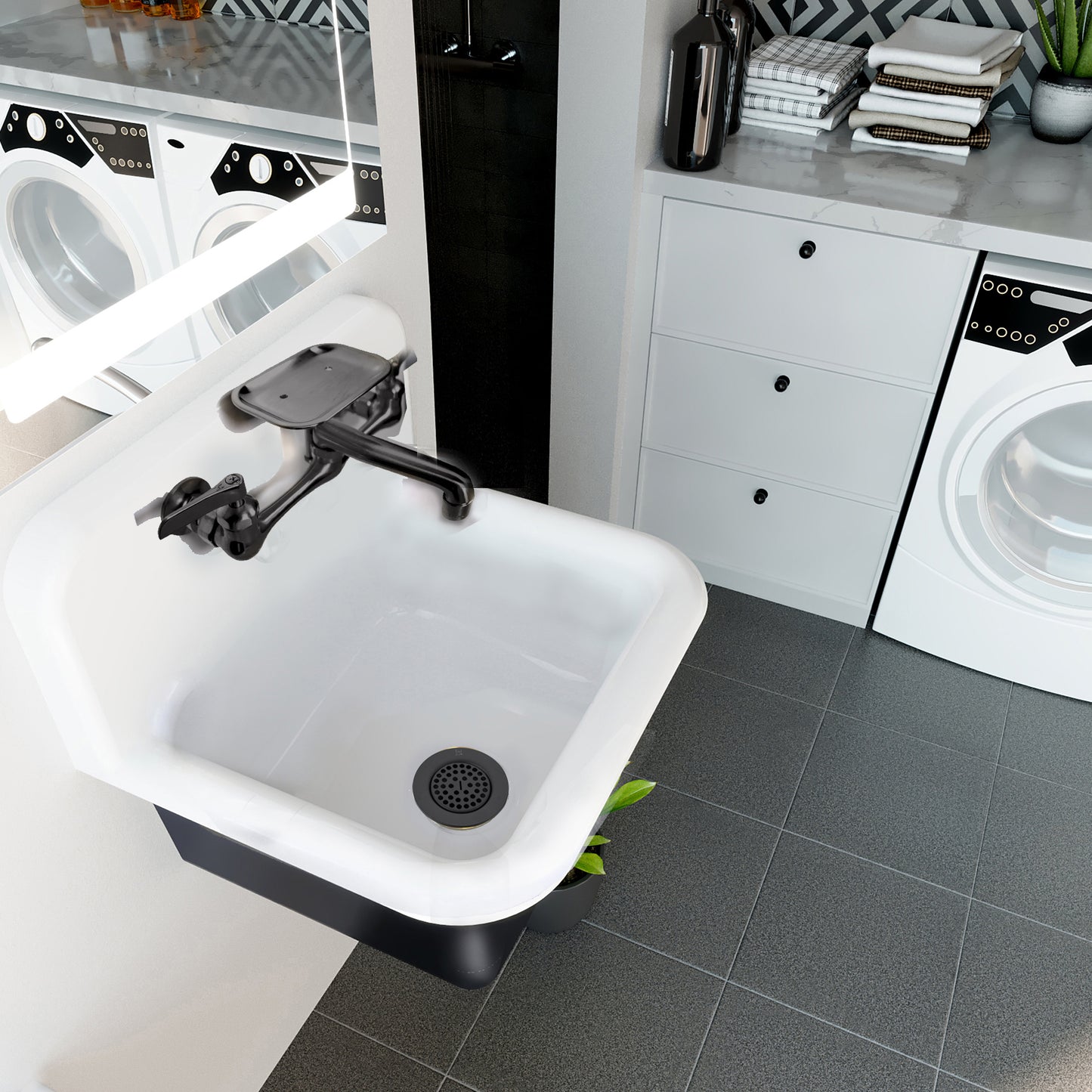 Nantucket Sinks Anchor 22" Single Bowl Wall Mount Cast Iron Utility/Kitchen Sink With Matte Black Drain Set